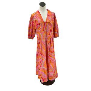 NWT Farm Rio Pink & Orange Leaf Print Short Sleeve Tea Length Dress